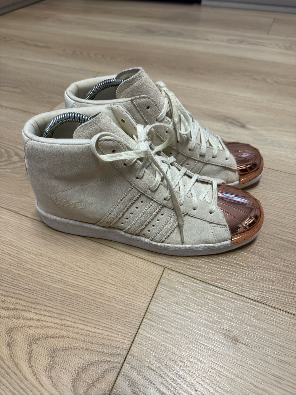 Adidas Superstar Up Metal-Toe wedge sneaker in an off-white suede woman’s 11